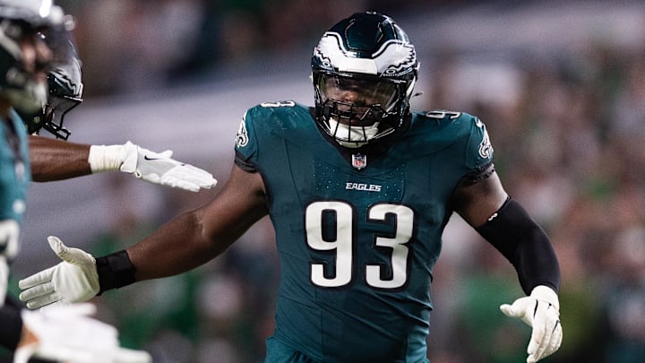 Sep 16, 2024; Philadelphia, Pennsylvania, USA; Philadelphia Eagles defensive tackle Milton Williams (93) in a game against the Atlanta Falcons during the third quarter at Lincoln Financial Field.