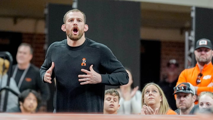 Oklahoma State’s head coach David Taylor yells during an NCAA wrestling meet between Oklahoma State and Missouri at Gallagher-Iba Arena in Stillwater, Okla., on Sunday, Feb. 2, 2025.