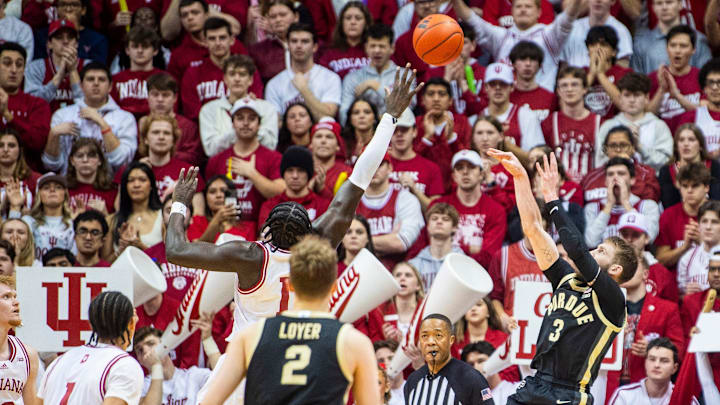 Purdue's Braden Smith (3) shoots over Indiana's Oumar Ballo (11)ba during the Indiana versus Purdue mens basketball game at Simon Skjodt Assembly Hall on Sunday, Feb. 23, 2025.