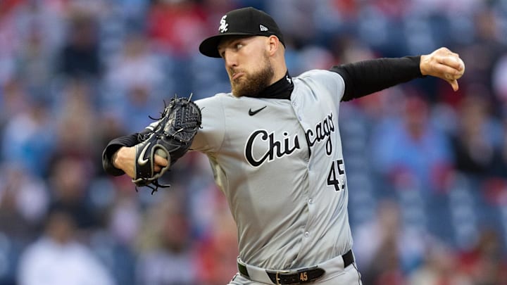 Apr 19, 2024; Philadelphia, Pennsylvania, USA; Chicago White Sox pitcher Garrett Crochet (45) throws a pitch during the first inning against the Philadelphia Phillies at Citizens Bank Park.
