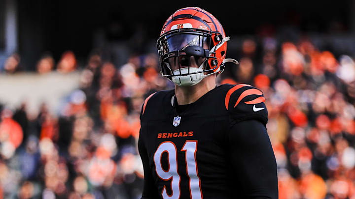 Dec 22, 2024; Cincinnati, Ohio, USA; Cincinnati Bengals defensive end Trey Hendrickson (91) runs onto the field before the game against the Cleveland Browns at Paycor Stadium. Mandatory Credit: Katie Stratman-Imagn Images