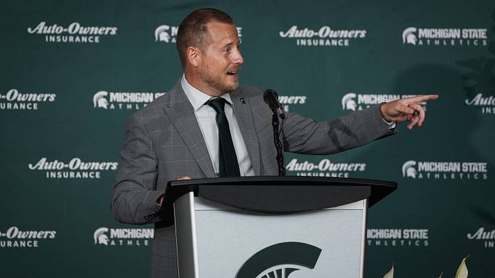 Dan Bartholomae, the new Michigan State University Director of Athletics and Vice President, speaks during his introductory press conference, Wednesday, Aug. 19, 2026, at the Breslin Center in East Lansing.