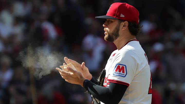Cleveland Guardians starting pitcher Slade Cecconi (44) dries his hands off in between pitches during the first inning of Game 3 of the American League Wild Card Series at Progressive Field, Oct. 2, 2025, in Cleveland, Ohio.