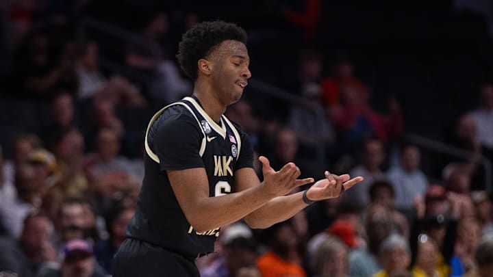 March 10, 2026: Wake Forest Demon Deacons guard Myles Colvin (6) celebrates a three-point basket against the Virginia Tech Hokies during the first half of the 2025 ACC Men's Baskeetball Championship at Spectrum Center in Charlotte, NC. (Scott Kinser) March 10, 2026: Wake Forest Demon Deacons guard Myles Colvin (6) celebrates a three-point basket against the Virginia Tech Hokies during the first half of the 2025 ACC Men's Baskeetball Championship at Spectrum Center in Charlotte, NC. (Scott Kinser)