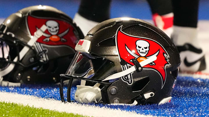 A general view of Tampa Bay Buccaneer helmets prior to the game against the Buffalo Bills at Highmark Stadium. 
