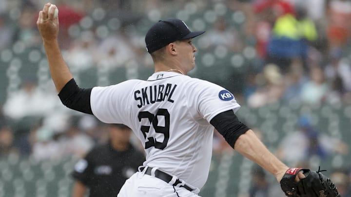 Detroit Tigers starting pitcher Tarik Skubal (29) pitches against the San Diego Padres at Comerica Park in 2022. 