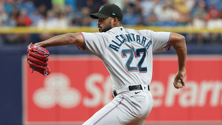 Jul 26, 2023; St. Petersburg, Florida, USA; Miami Marlins starting pitcher Sandy Alcantara (22) throws a pitch during the sixth inning against the Tampa Bay Rays at Tropicana Field