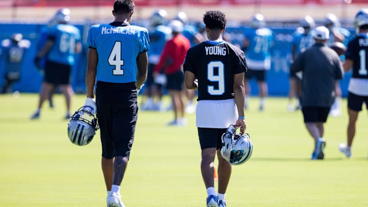 Jul 26, 2025; Charlotte, NC, USA; Carolina Panthers wide receiver Tetairoa McMillan (4) and quarterback Bryce Young (9) talk as they head to stretch during training camp. Jul 26, 2025; Charlotte, NC, USA; Carolina Panthers wide receiver Tetairoa McMillan (4) and quarterback Bryce Young (9) talk as they head to stretch during training camp.