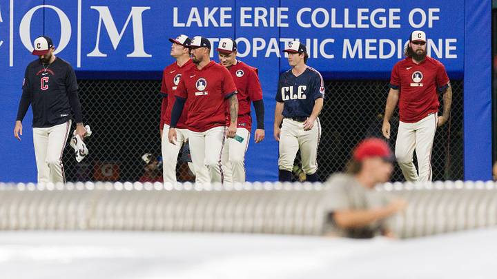 Jul 3, 2026: Cleveland Guardians pitchers leave the bullpen for a rain delay during the fifth inning against the Chicago White Sox at Progressive Field. Mandatory Credit: Scott Galvin-Imagn Images