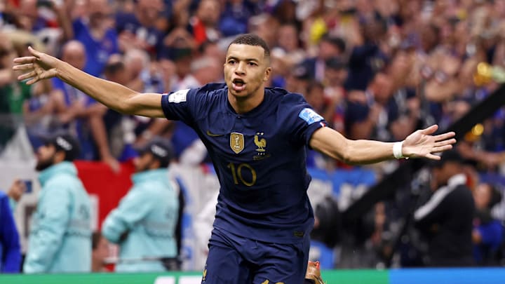 Dec 18, 2022; Lusail, Qatar; France forward Kylian Mbappe (10) celebrates after scoring a goal