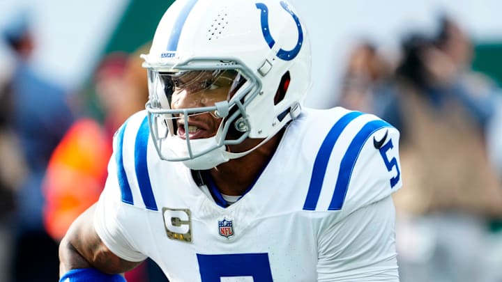 Indianapolis Colts quarterback Anthony Richardson (5) runs with the ball in the first quarter, Sunday, November 17, 2024, in East Rutherford. In the second quarter he ran for a touchdown. Indianapolis Colts quarterback Anthony Richardson (5) runs with the ball in the first quarter, Sunday, November 17, 2024, in East Rutherford. In the second quarter he ran for a touchdown.