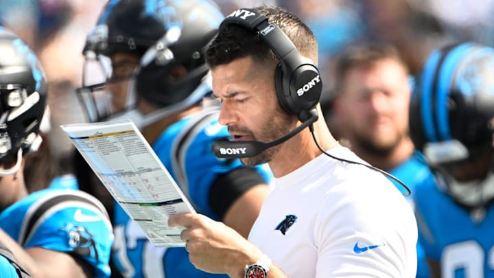Sep 21, 2025; Charlotte, North Carolina, USA;  Carolina Panthers head coach Dave Canales on the sidelines in the fourth quarter at Bank of America Stadium. 