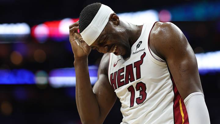 Miami Heat center Bam Adebayo (13) reacts (Mandatory Credit: Bill Streicher-Imagn Images)