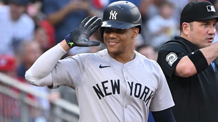 Aug 26, 2024; Washington, District of Columbia, USA; New York Yankees right fielder Juan Soto (22) salutes the Washington Nationals bench before an at bat during the first inning at Nationals Park. Mandatory Credit: Rafael Suanes-USA TODAY Sports