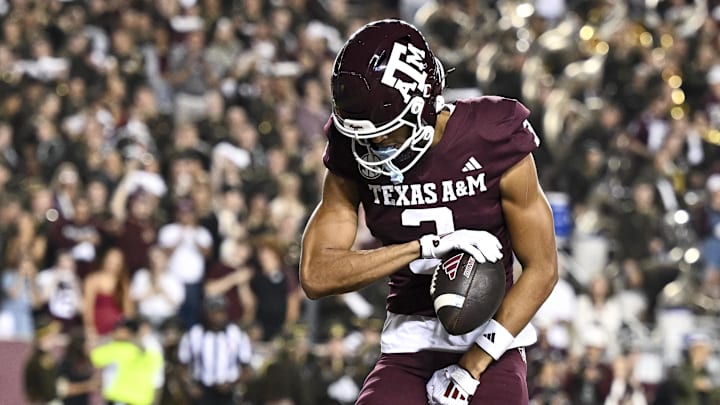 Nov 16, 2024; College Station, Texas, USA; Texas A&M Aggies wide receiver Noah Thomas (3) reacts after scoring a touchdown during the first quarter against the New Mexico State Aggies at Kyle Field. Mandatory Credit: Maria Lysaker-Imagn Images 