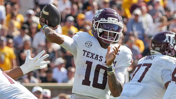 Oct 10, 2026; Columbia, Missouri, USA; Texas A&M Aggies quarterback Marcel Reed (10) throws a pass against the Missouri Tigers during the second half of the game at Faurot Field at Memorial Stadium. Mandatory Credit: Denny Medley-Imagn Images Oct 10, 2026; Columbia, Missouri, USA; Texas A&M Aggies quarterback Marcel Reed (10) throws a pass against the Missouri Tigers during the second half of the game at Faurot Field at Memorial Stadium. Mandatory Credit: Denny Medley-Imagn Images