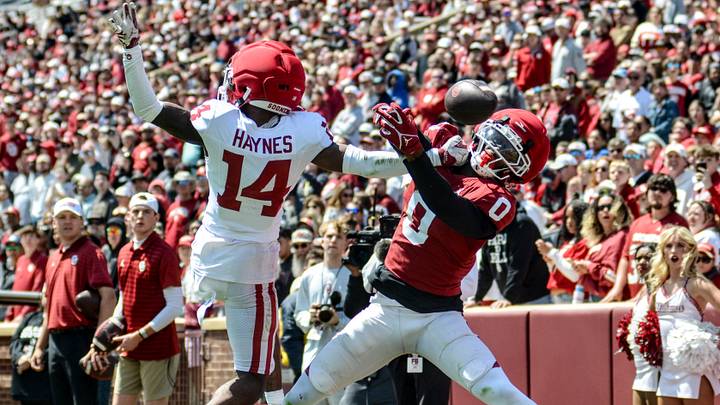 Oklahoma defensive back Trystan Haynes breaks up a pass intended for wide receiver Manny Choice in the spring game. Oklahoma defensive back Trystan Haynes breaks up a pass intended for wide receiver Manny Choice in the spring game.