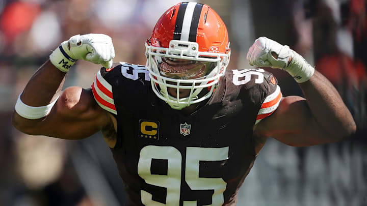 Cleveland Browns defensive end Myles Garrett celebrates after sacking Cincinnati Bengals quarterback Joe Burrow on Sept. 7, 2025, in Cleveland.