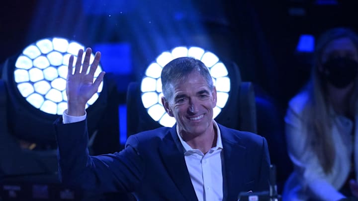 Feb 20, 2022; Cleveland, Ohio, USA; John Stockton is honored during halftime during the 2022 NBA