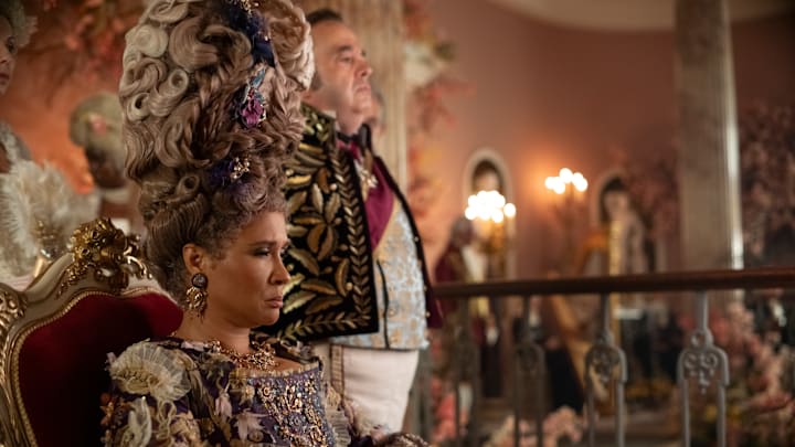 Bridgerton. (L to R) Golda Rosheuvel as Queen Charlotte, Hugh Sachs as Brimsley in episode 301 of Bridgerton. Cr. Laurence Cendrowicz/Netflix © 2024