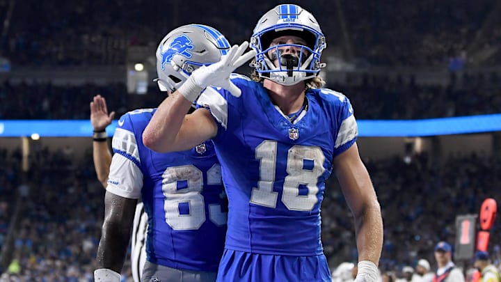 Aug 16, 2025; Detroit, Michigan, USA; Detroit Lions wide receiver Isaac TeSlaa (18) celebrates after scoring a touchdown against the Miami Dolphins in the second quarter at Ford Field. Mandatory Credit: Eamon Horwedel-Imagn Images
