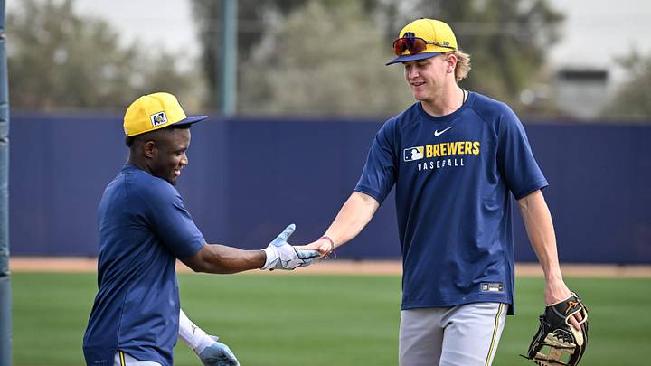 Milwaukee Brewers outfielder Luis Lara and infielder Cooper Pratt come off the field together during spring training workouts Monday, February 17, 2025, at American Family Fields of Phoenix in Phoenix, Arizona. Milwaukee Brewers outfielder Luis Lara and infielder Cooper Pratt come off the field together during spring training workouts Monday, February 17, 2025, at American Family Fields of Phoenix in Phoenix, Arizona.