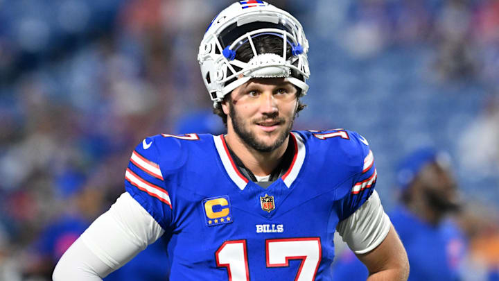 Buffalo Bills quarterback Josh Allen (17) looks on before the game against the Miami Dolphins at Highmark Stadium.
