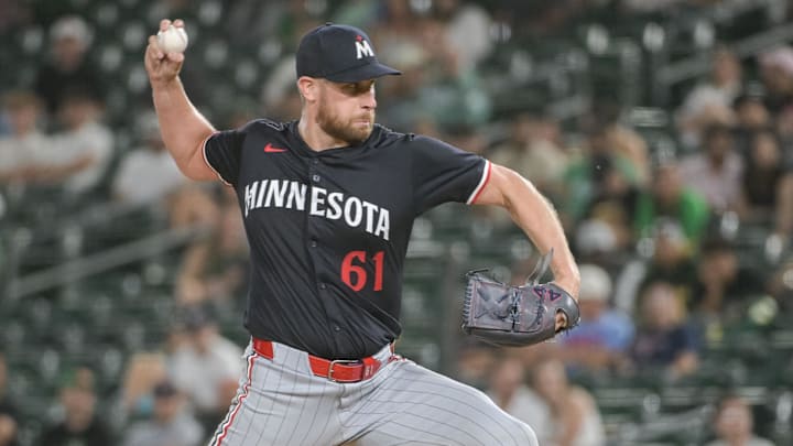 Jun 4, 2025; West Sacramento, California, USA; Minnesota Twins pitcher Brock Stewart (61) throws a pitch against the Athletics during the eighth inning at Sutter Health Park. Mandatory Credit: Ed Szczepanski-Imagn Images