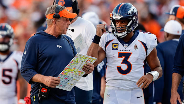 Sep 17, 2023; Denver, Colorado, USA; Denver Broncos head coach Sean Payton talks with quarterback Russell Wilson (3) in the fourth quarter against the Washington Commanders at Empower Field at Mile High. Mandatory Credit: Isaiah J. Downing-Imagn Images Sep 17, 2023; Denver, Colorado, USA; Denver Broncos head coach Sean Payton talks with quarterback Russell Wilson (3) in the fourth quarter against the Washington Commanders at Empower Field at Mile High. Mandatory Credit: Isaiah J. Downing-Imagn Images