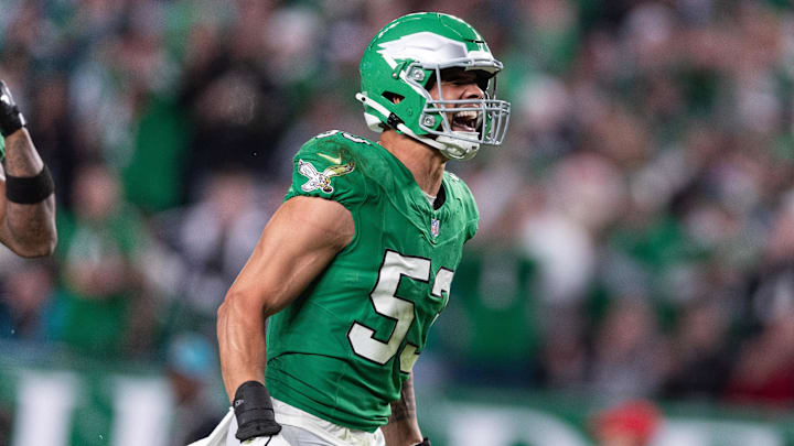 Nov 3, 2024; Philadelphia, Pennsylvania, USA; Philadelphia Eagles linebacker Zack Baun (53) reacts after his interception against the Jacksonville Jaguars during the second quarter at Lincoln Financial Field. 