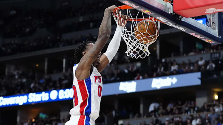 Dec 28, 2024; Denver, Colorado, USA; Detroit Pistons forward Ronald Holland II (00) dunks the ball in the second half against the Denver Nuggets at Ball Arena. Mandatory Credit: Ron Chenoy-Imagn Images Dec 28, 2024; Denver, Colorado, USA; Detroit Pistons forward Ronald Holland II (00) dunks the ball in the second half against the Denver Nuggets at Ball Arena. Mandatory Credit: Ron Chenoy-Imagn Images