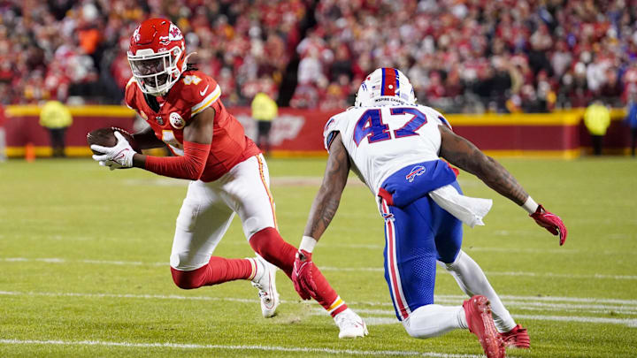 Kansas City Chiefs wide receiver Rashee Rice (4) and Buffalo Bills cornerback Christian Benford (47).