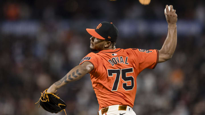 Jul 12, 2024; San Francisco, California, USA; San Francisco Giants closing pitcher Camilo Doval (75) throws against the Minnesota Twins during the ninth inning at Oracle Park. Mandatory Credit: John Hefti-USA TODAY Sports Jul 12, 2024; San Francisco, California, USA; San Francisco Giants closing pitcher Camilo Doval (75) throws against the Minnesota Twins during the ninth inning at Oracle Park. Mandatory Credit: John Hefti-USA TODAY Sports
