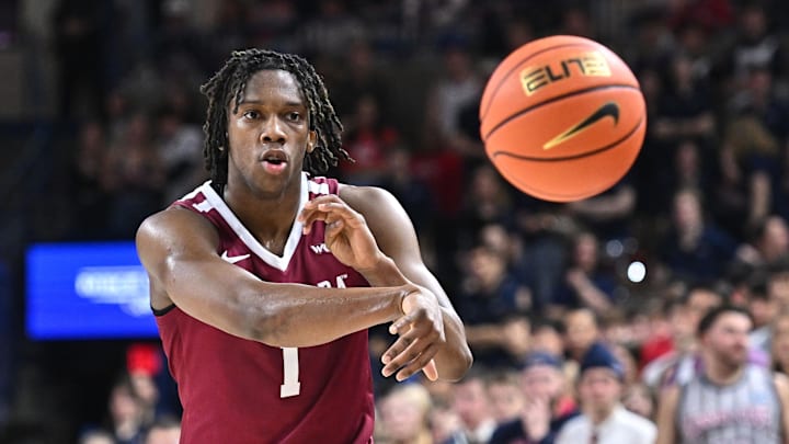 Jan 18, 2025; Spokane, Washington, USA; Santa Clara Broncos guard Tyeree Bryan (1) passes the ball during a game against the Gonzaga Bulldogs in the first half at McCarthey Athletic Center. Mandatory Credit: James Snook-Imagn Images