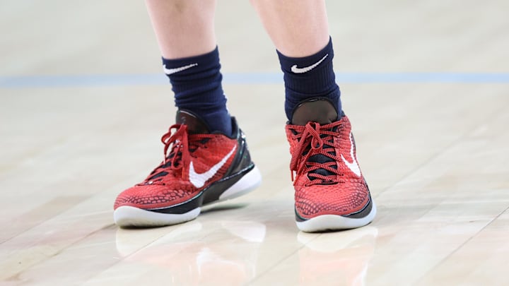May 3, 2024; Dallas, Texas, USA; The shoes of Indiana Fever guard Caitlin Clark (22) before the game against the Dallas Wings at College Park Center. Mandatory Credit: Kevin Jairaj-Imagn Images May 3, 2024; Dallas, Texas, USA; The shoes of Indiana Fever guard Caitlin Clark (22) before the game against the Dallas Wings at College Park Center. Mandatory Credit: Kevin Jairaj-Imagn Images