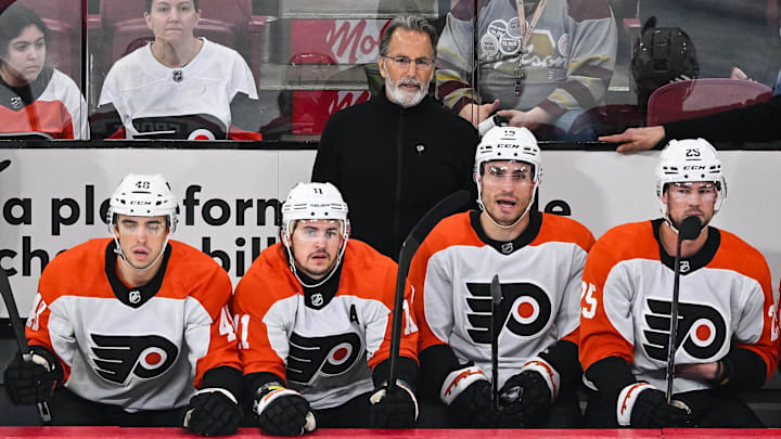 Mar 28, 2024; Montreal, Quebec, CAN; Philadelphia Flyers head coach John Tortorella looks towards the play against the Montreal Canadiens during the first period at Bell Centre. Mandatory Credit: David Kirouac-Imagn Images Mar 28, 2024; Montreal, Quebec, CAN; Philadelphia Flyers head coach John Tortorella looks towards the play against the Montreal Canadiens during the first period at Bell Centre. Mandatory Credit: David Kirouac-Imagn Images