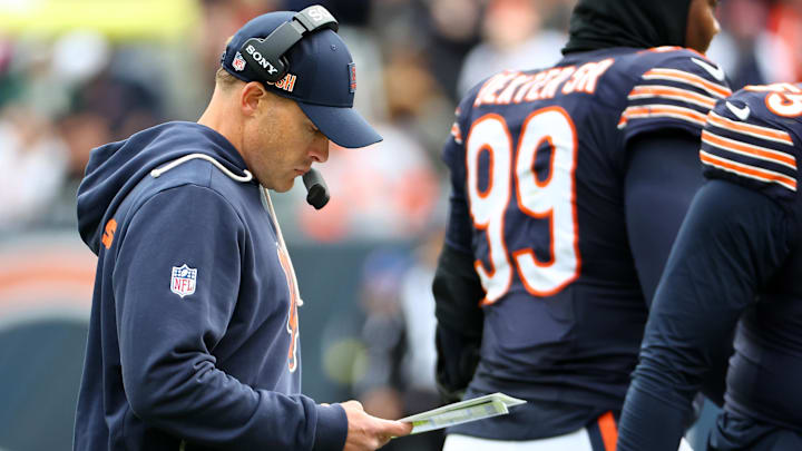 Oct 19, 2025; Chicago, Illinois, USA; Chicago Bears head coach Ben Johnson against the New Orleans Saints during the second half at Soldier Field. Mandatory Credit: Mike Dinovo-Imagn Images