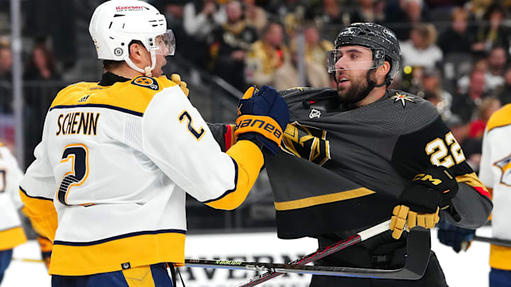 Jan 15, 2024; Las Vegas, Nevada, USA; Nashville Predators defenseman Luke Schenn (2) and Vegas
