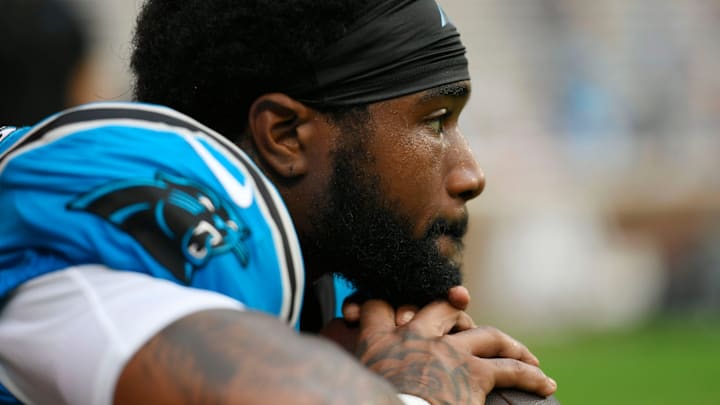 Carolina Panther Miles Sanders (6) takes a moment during warm-ups at Memorial Stadium the Panthers Fan Fest in Clemson, S.C.