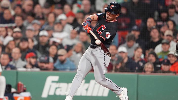 Sep 23, 2026; Boston, Massachusetts, USA; Cleveland Guardians left fielder Steven Kwan (38) hits a single against the Boston Red Sox during the fourth inning at Fenway Park. Mandatory Credit: Gregory Fisher-Imagn Images Sep 23, 2026; Boston, Massachusetts, USA; Cleveland Guardians left fielder Steven Kwan (38) hits a single against the Boston Red Sox during the fourth inning at Fenway Park. Mandatory Credit: Gregory Fisher-Imagn Images
