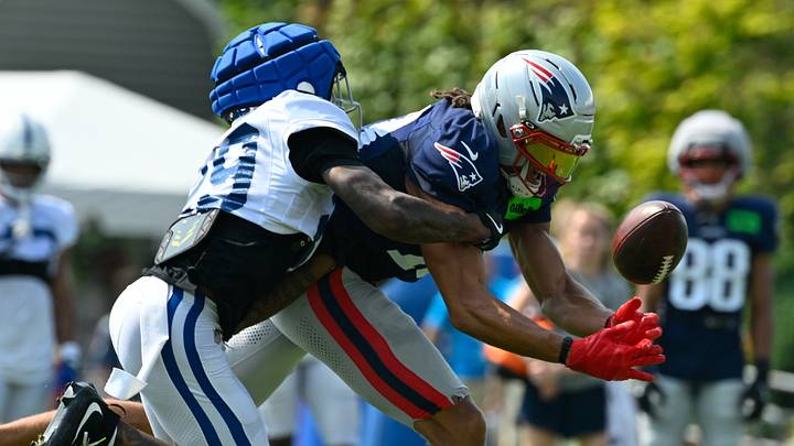 Aug 11, 2026; Foxborough, MA, USA; Indianapolis Colts cornerback Mekhi Blackmon (29) breaks up a pass to New England Patriots wide receiver Mack Hollins (13) during training camp at Gillette Stadium. Mandatory Credit: Eric Canha-Imagn Images Aug 11, 2026; Foxborough, MA, USA; Indianapolis Colts cornerback Mekhi Blackmon (29) breaks up a pass to New England Patriots wide receiver Mack Hollins (13) during training camp at Gillette Stadium. Mandatory Credit: Eric Canha-Imagn Images