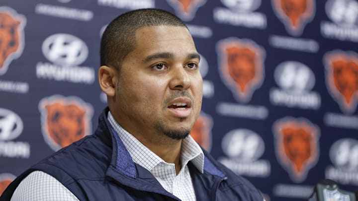 Mar 16, 2023; Lake Forest, IL, USA; Chicago Bears general manager Ryan Poles speaks during a press conference at Halas Hall. Mandatory Credit: Kamil Krzaczynski-Imagn Images