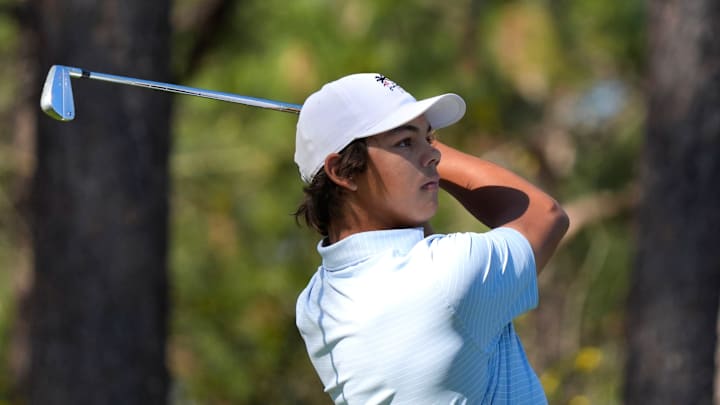 Charlie Woods tees off at the Junior Invitational at Sage Valley Golf Club. 