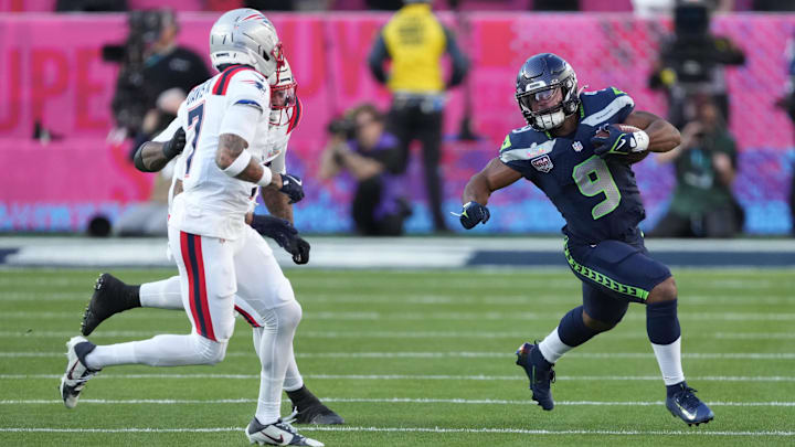 Feb 8, 2026; Santa Clara, CA, USA; Seattle Seahawks running back Kenneth Walker III (9) runs the ball against the New England Patriots in the first half in Super Bowl LX at Levi's Stadium.