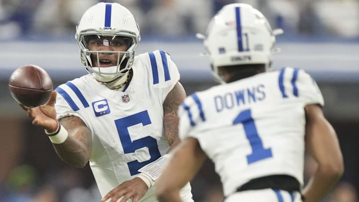 Dec 22, 2024; Indianapolis, Indiana, USA; Indianapolis Colts quarterback Anthony Richardson (5) passes to Indianapolis Colts wide receiver Josh Downs (1) during a game against the Tennessee Titans at Lucas Oil Stadium at Lucas Oil Stadium. Mandatory Credit: Grace Hollars/USA Today Network via Imagn Images 