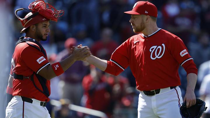 May 3, 2026; Washington, District of Columbia, USA; Washington Nationals pitcher Richard Lovelady (55) celebrates with Nationals catcher Keibert Ruiz (L) after their game against the Milwaukee Brewers at Nationals Park. Mandatory Credit: Geoff Burke-Imagn Images May 3, 2026; Washington, District of Columbia, USA; Washington Nationals pitcher Richard Lovelady (55) celebrates with Nationals catcher Keibert Ruiz (L) after their game against the Milwaukee Brewers at Nationals Park. Mandatory Credit: Geoff Burke-Imagn Images