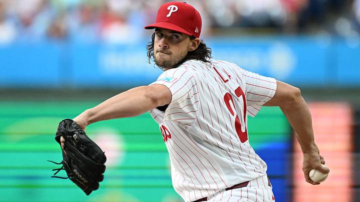 Aug 3, 2026; Philadelphia, Pennsylvania, USA; Philadelphia Phillies pitcher Aaron Nola (27) throws a pitch during the first inning against the Washington Nationals at Citizens Bank Park. Mandatory Credit: Eric Hartline-Imagn Images