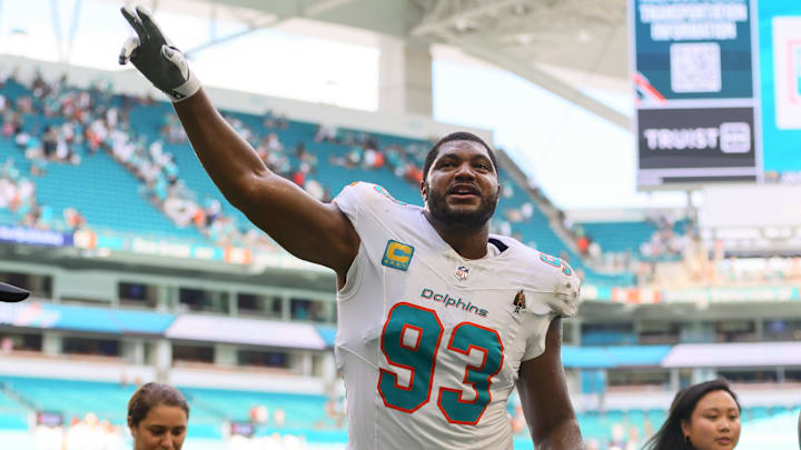 Miami Dolphins defensive tackle Calais Campbell (93) celebrates after the game against the Jacksonville Jaguars at Hard Rock Stadium. Miami Dolphins defensive tackle Calais Campbell (93) celebrates after the game against the Jacksonville Jaguars at Hard Rock Stadium.