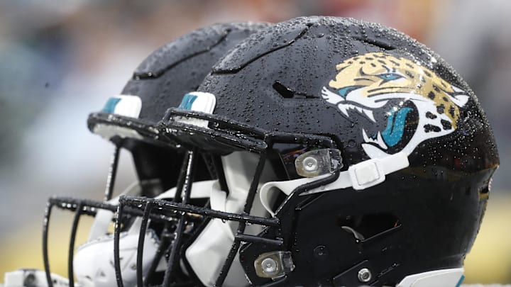 Oct 29, 2023; Pittsburgh, Pennsylvania, USA; Jacksonville Jaguars helmet on the sidelines against the Pittsburgh Steelers during the fourth quarter at Acrisure Stadium. Mandatory Credit: Charles LeClaire-Imagn Images