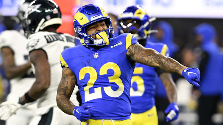 Nov 24, 2024; Inglewood, California, USA;  Los Angeles Rams running back Kyren Williams (23) reacts after a long run against the Philadelphia Eagles during the first half at SoFi Stadium. Mandatory Credit: Alex Gallardo-Imagn Images